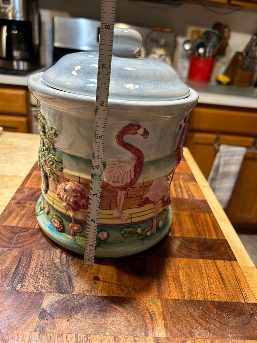 Ceramic Flamingo Canister or cookie jar- Hand-Painted Pink & Blue - Picture 8 of 12